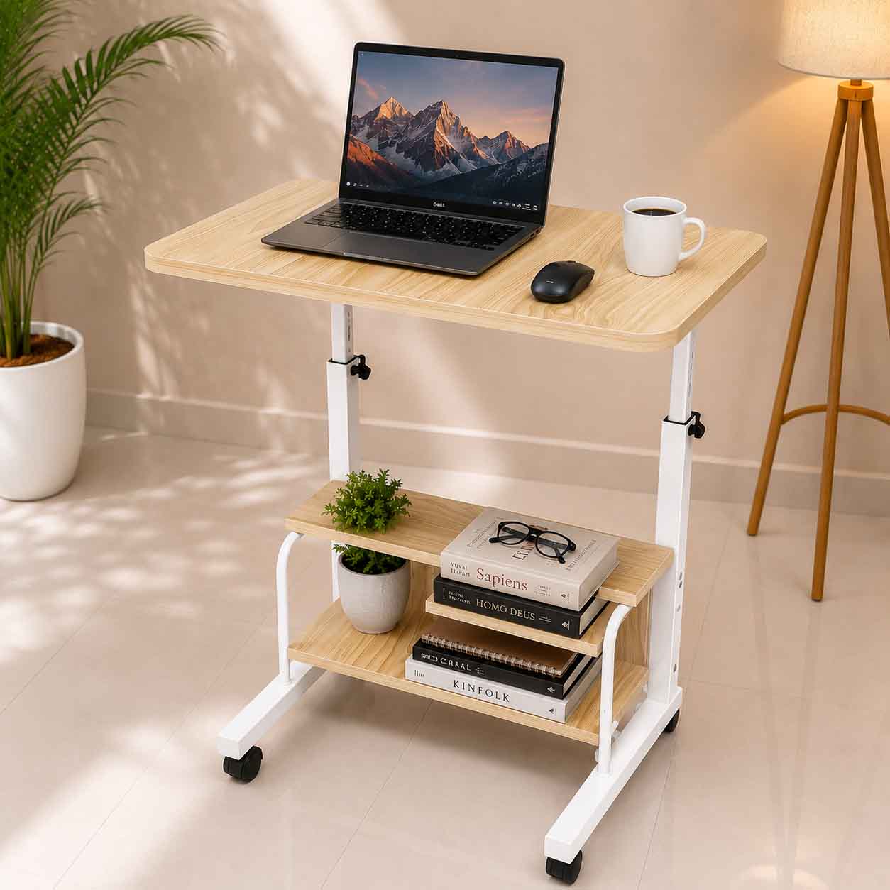 Double Layer Adjustable Table Wood With White Stand